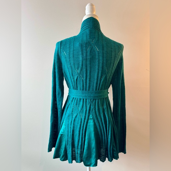 Anthro Knitted & Knotted Teal Open-Front Silk Trim Cardigan Sweater Size M NWT - Picture 3 of 15